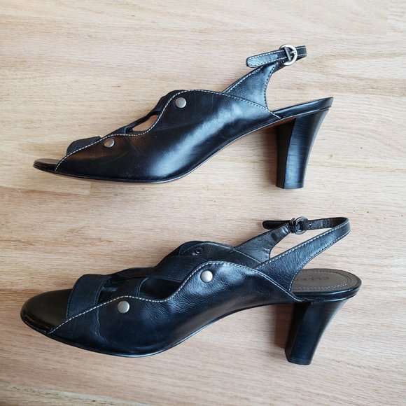 Ellen Tracy Black Leather Open-Toe Sling-back Stacked Heels- Size 8 M - EUC - Picture 3 of 8